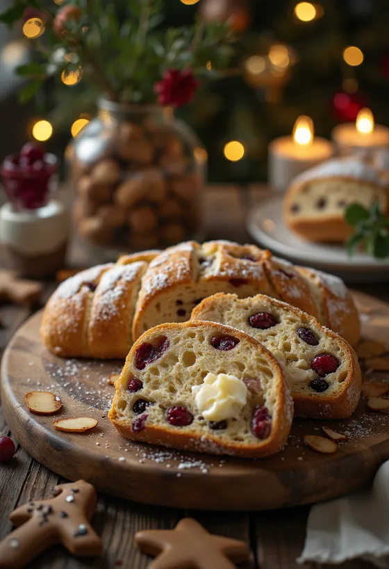 Stollen z medenjaki narezan, posut s sladkorjem v prahu