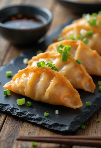 Salmon Gyoza postrežena z lososovim nadevom in sojino omako