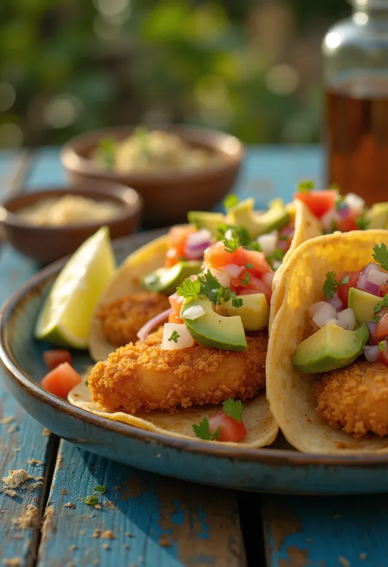 Tacos de Pescado Empanizado na krožniku