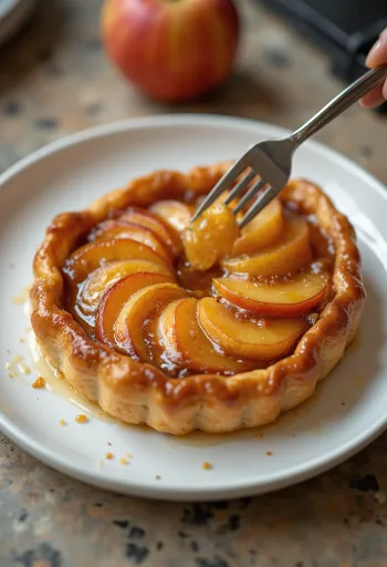 Tarte Tatin z jabolki, sveže postrežena s karameliziranimi jabolki in listnatim testom