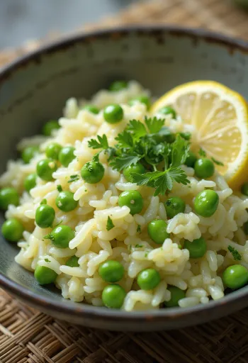 Kremna veganska rižota z grahom in svežim peteršiljem