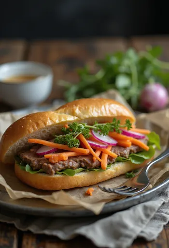 Bánh Mì Pa-Té sendvič z jetrno pašteto, postrežen s svežo zelenjavo in koriandrom.