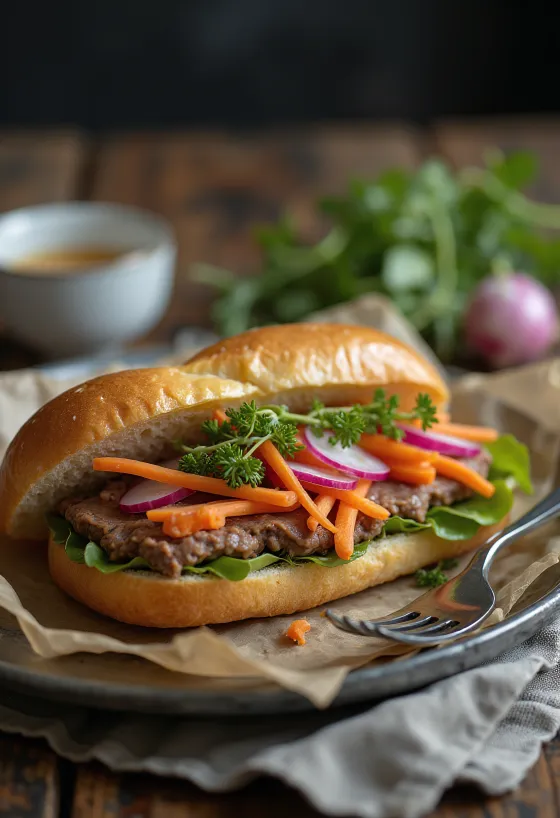 Bánh Mì Pa-Té sendvič z jetrno pašteto, postrežen s svežo zelenjavo in koriandrom.