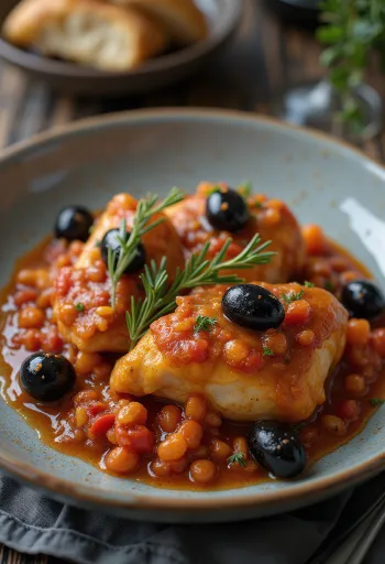 Cacciatore piščanec z olivami, postrežen s paradižnikovo omako v keramični posodi