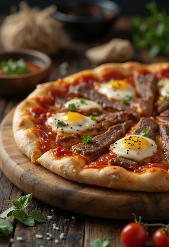 Korejska pizza z govedino Bulgogi, postrežena