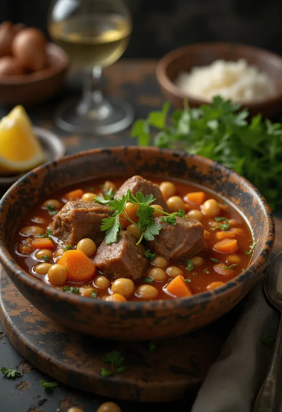 Harira z jagnjetino, bogata začinjena juha, postrežena s svežim koriandrom