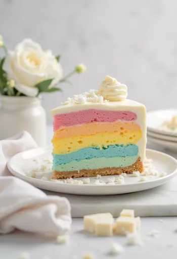 Mavrična mousse torta, postrežena v rezinah