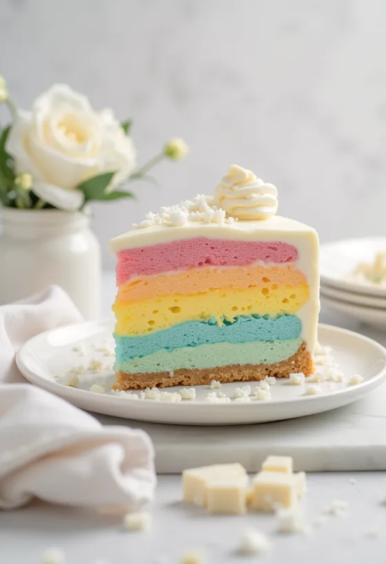 Mavrična mousse torta, postrežena v rezinah