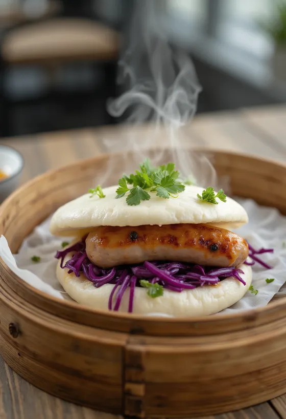 Bao s pečeno klobaso, postrežen z zeljno mešanico in svežim koriandrom