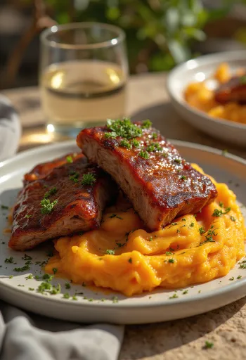 BBQ rebrca s sladkim krompirjem postrežena