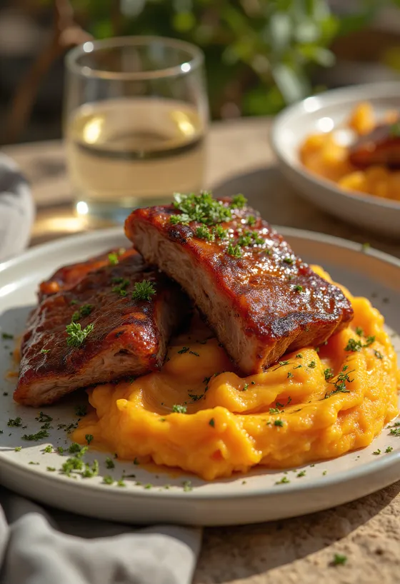 BBQ rebrca s sladkim krompirjem postrežena