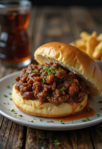 Sloppy Joe sendvič z Worcestershire omako, bogato naložen z nadevom iz mletega mesa