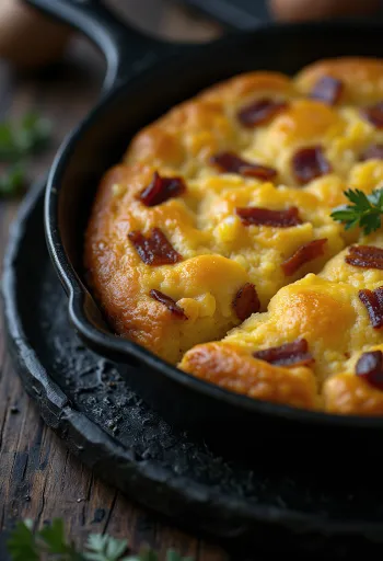 Sveže pečen koruzni kruh, s hrustljavimi koščki slanine