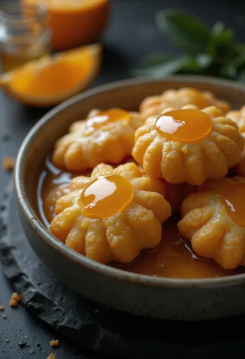 Melomakarona pecivo prepojeno z medeno-pomarančnim sirupom, postreženo