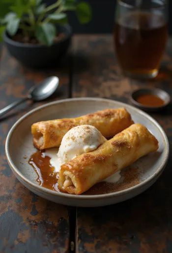 Turon, postrežen z vanilijevim sladoledom, kombinacija hrustljave sladice in hladilnega sladoleda