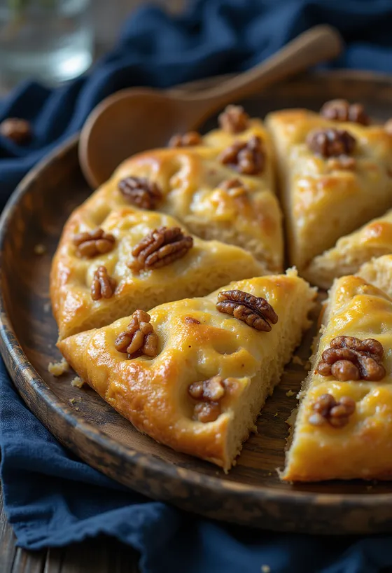 Orehova fokača z marcipanom postrežena