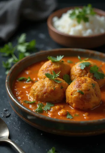 Lauki Kofta Curry, postrežen z bučkinimi kroglicami in svežim koriandrom
