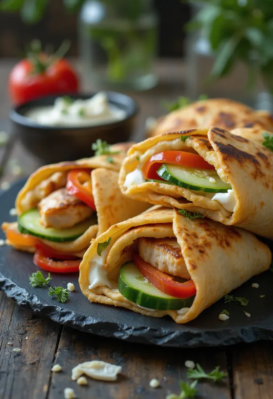 Mini wrap prigrizki, polnjeni s piščancem in zelenjavo