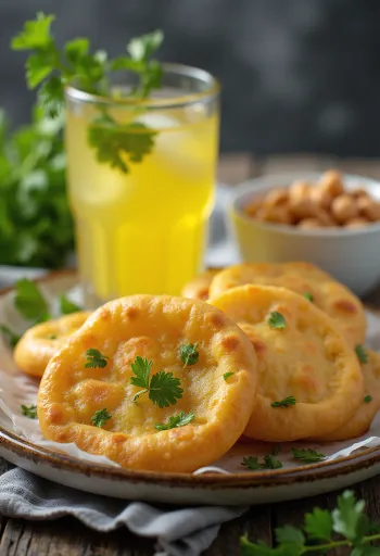 Pani puri z ananasovo vodo, postrežen s svežim koriandrom in meto