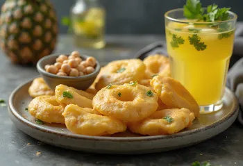 Pani puri z ananasovo vodo, postrežen s svežim koriandrom in meto