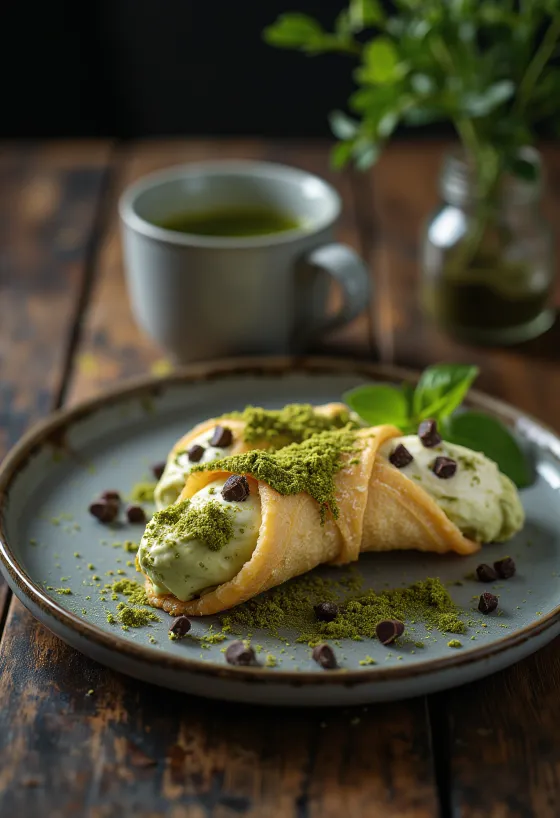 Kanoli z nadevom iz matcha zelenega čaja, postreženi s hrustljavim testom