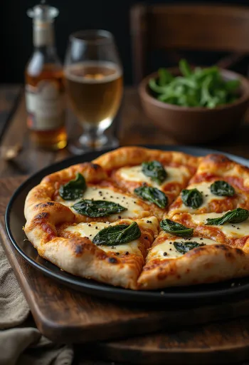 Pizza v tibetanskem slogu, postrežena z jakovim sirom in svežo špinačo