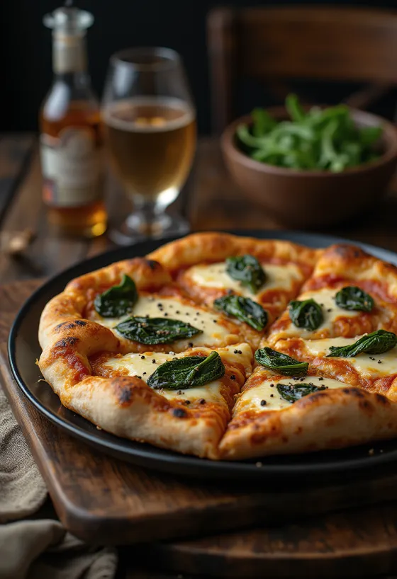 Pizza v tibetanskem slogu, postrežena z jakovim sirom in svežo špinačo