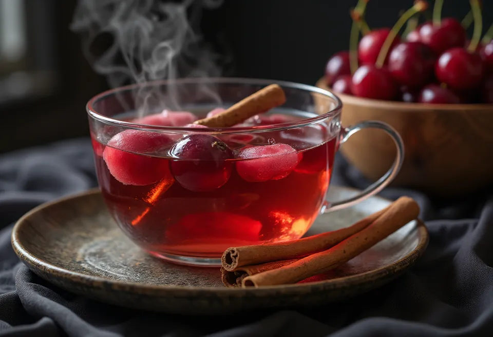 Temno rdeč češnjev cider v kozarcu