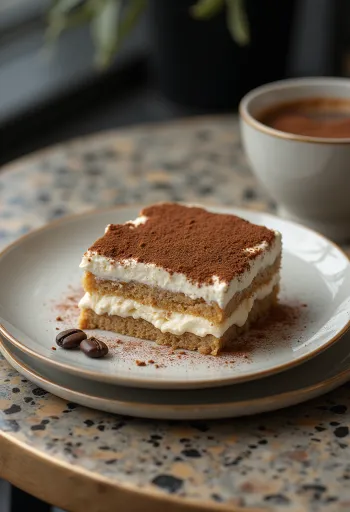 Tiramisu torta brez sladkorja v elegantni postrežbi