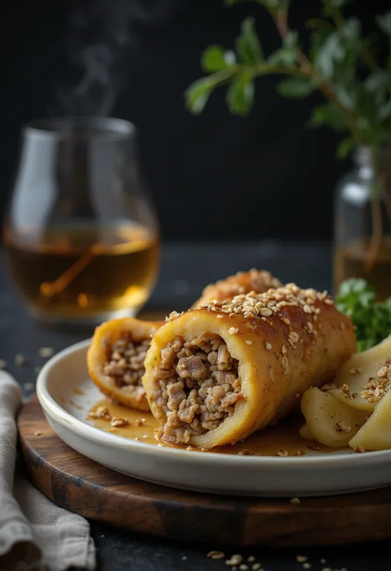 Haggis postrežen s kuhanim krompirjem in repo