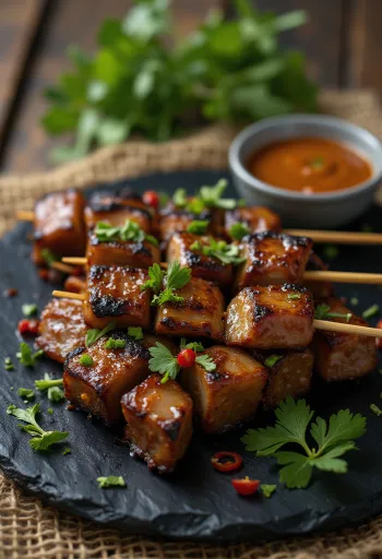 Račji satay, na žaru pečeno račje meso v marinadi iz arašidovega masla