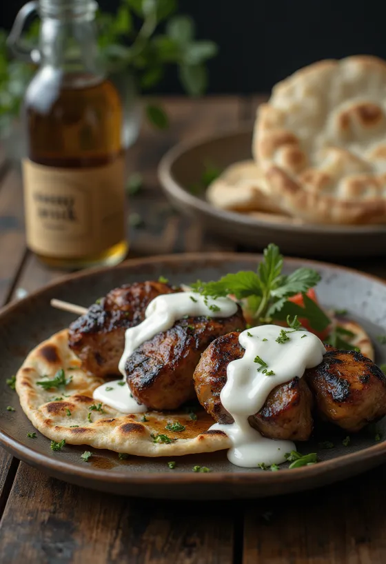 Jogurtov kebab pita, postrežen z jogurtovim prelivom in svežim peteršiljem