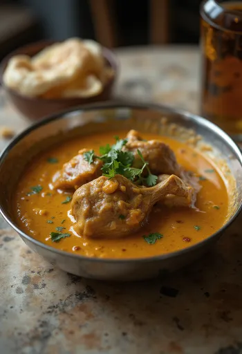 Korma s kozjim mesom, postrežena v bogati, kremni omaki, okrašena s svežim koriandrom.