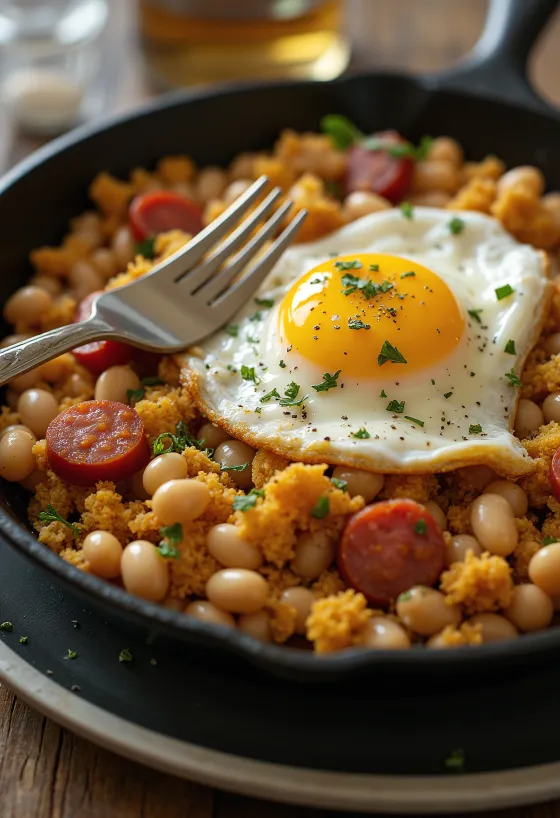 Migas z belim fižolom, jajcem in opečenim kruhom