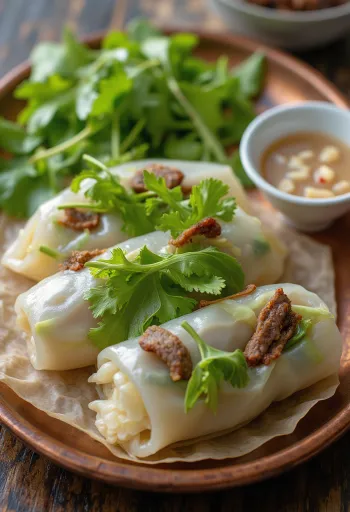 Pho cuon s česnovo omako, sveži zvitki iz riževega testa s pečenim mesom in zelenjavo