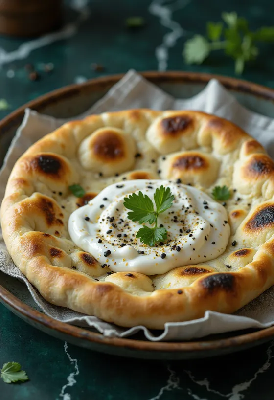 Tandoori naan z jogurtom, postrežen