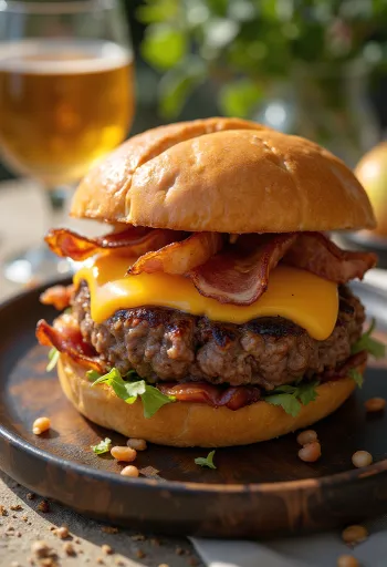 Burger z jabolki in slanino postrežen