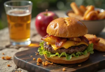 Burger z jabolki in slanino postrežen