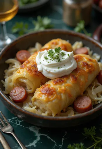 Madžarski zvitki polnjenega zelja, postreženi s kislo smetano