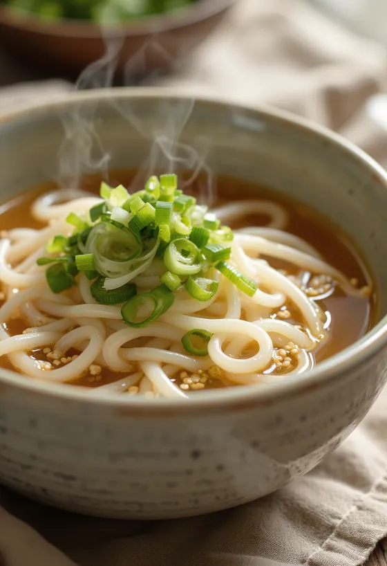 Kake udon osnovna udon juha v skledi z dashi osnovo, okrašena s svežo mlado čebulo in sezamovimi semeni