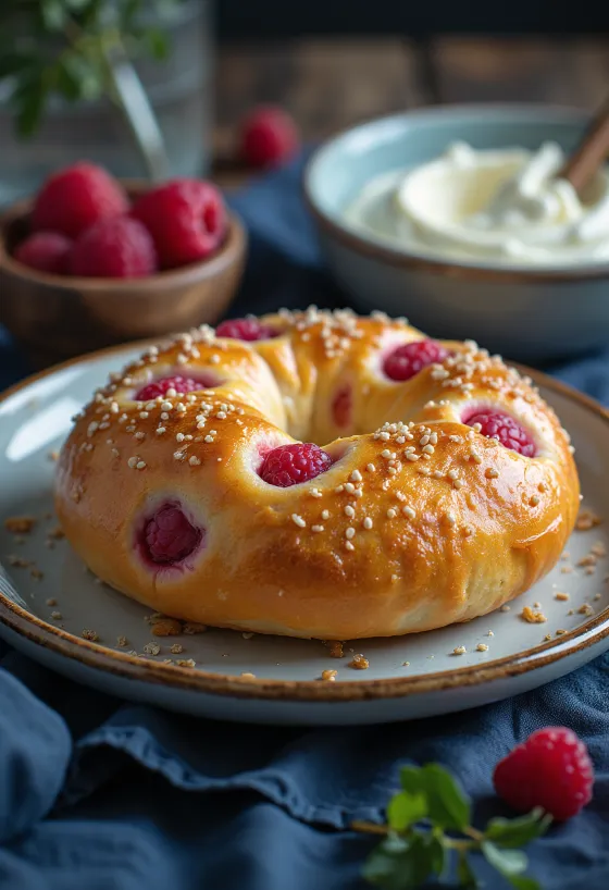 Postrežen malinov bagel