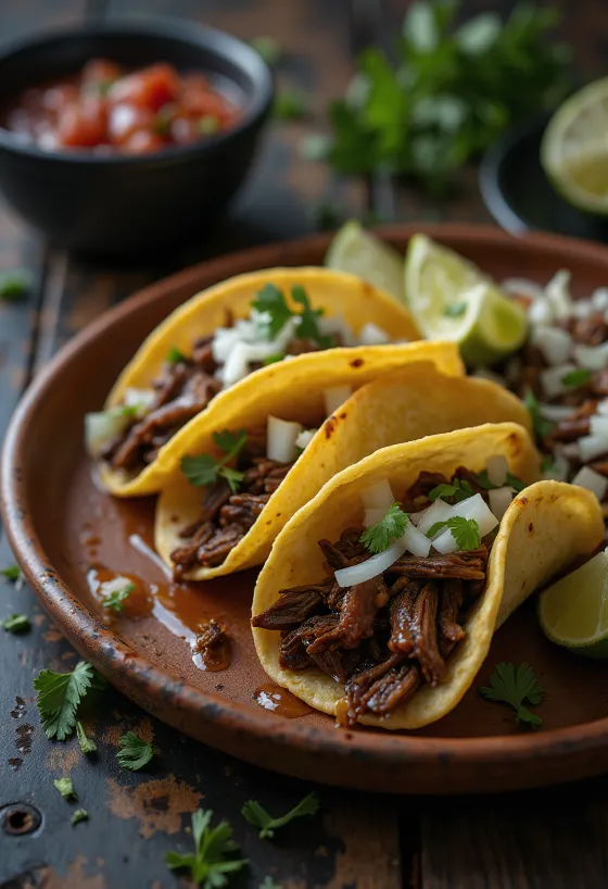 Barbacoa taco postrežen z limeto in koriandrom