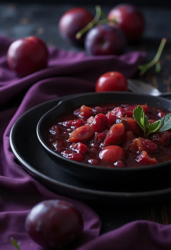 Cimetova paradižnikova omaka s slivami postrežena