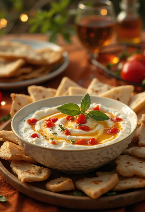 Tirokafteri z grškim jogurtom za pomakanje, postrežen s svežo pito