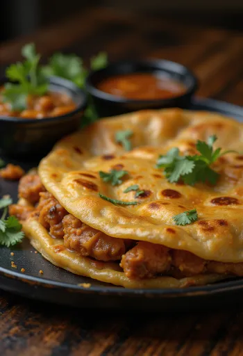 Sveža Kari dosa, hrustljavo zapečena, postrežena s karijevim nadevom