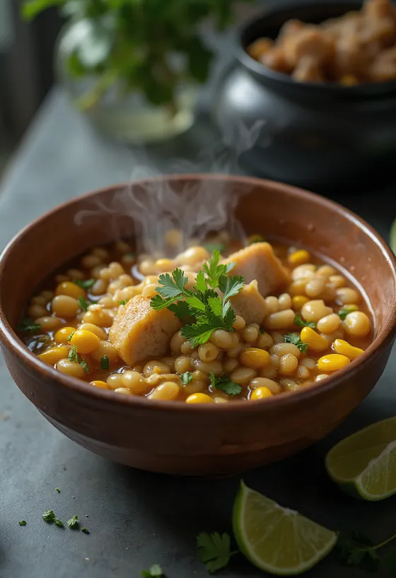 Locro de trigo s svinjino, fižolom, koruzo in svežim koriandrom
