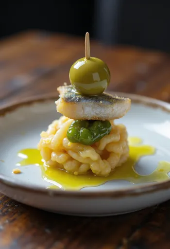 Pintxo Gilda, z olivami, sardoni in papriko na nabodalu