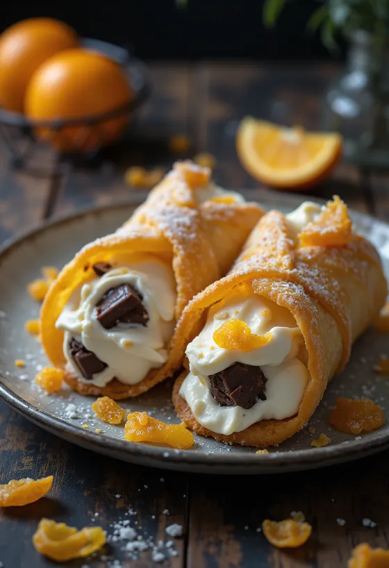 Kanoli s kandirano pomarančno lupinico, postreženi s čokolado
