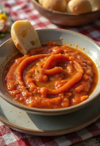 Sladka mojo rojo omaka v skledici, okoli nje koščki pečene paprike