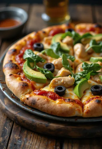 California Pizza s svežim avokadom, piščančjimi prsmi in špinačo